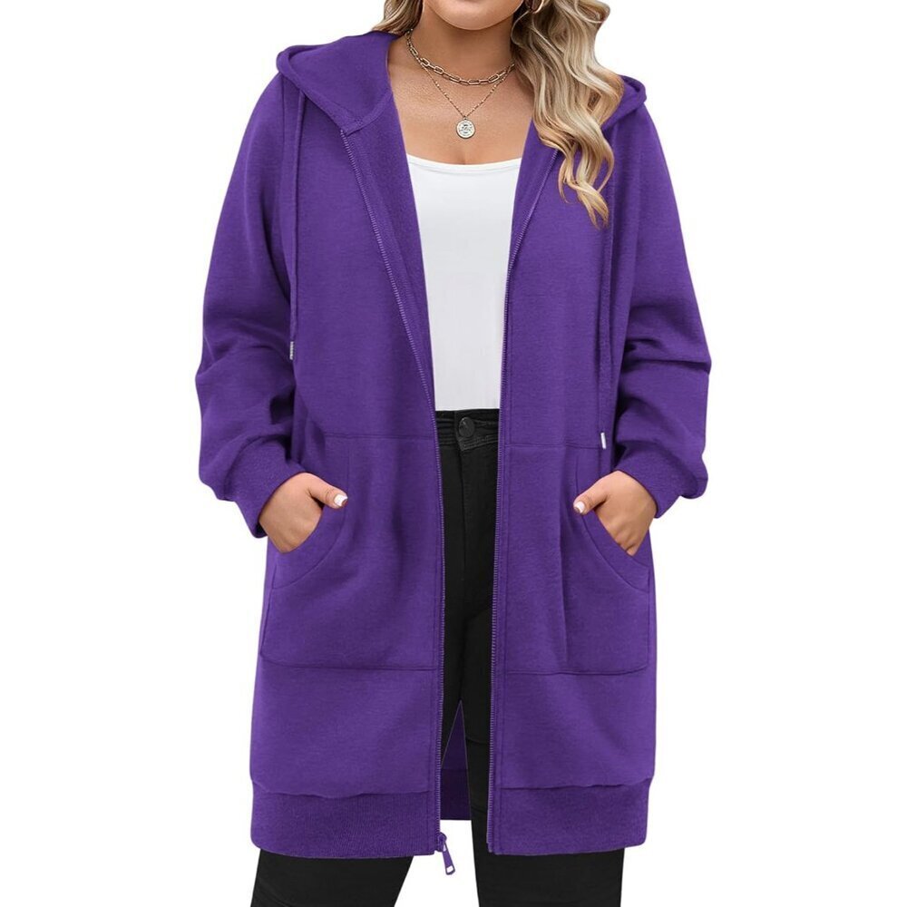 Women Plus Size Fleece Hoodie Zipper Long Sleeve Pockets Casual Jacket